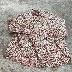 Roman's Blouse Button Up Shirt Womens 34 W White Pink Leopard Pring Long Sleeve